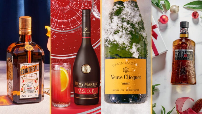 These brands are bringing their best for the 2024 holiday season. From left to right: Cointreau, Rémy Martin, Veuve Clicquot, and Highland Park Whisky.