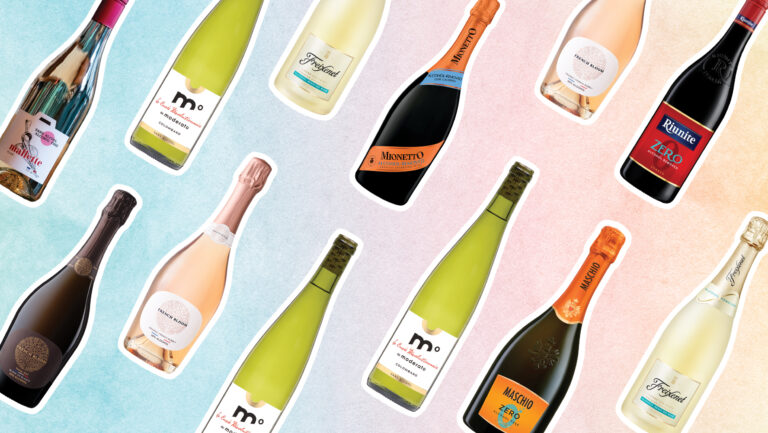 A collage of no- and low-alcohol wines.