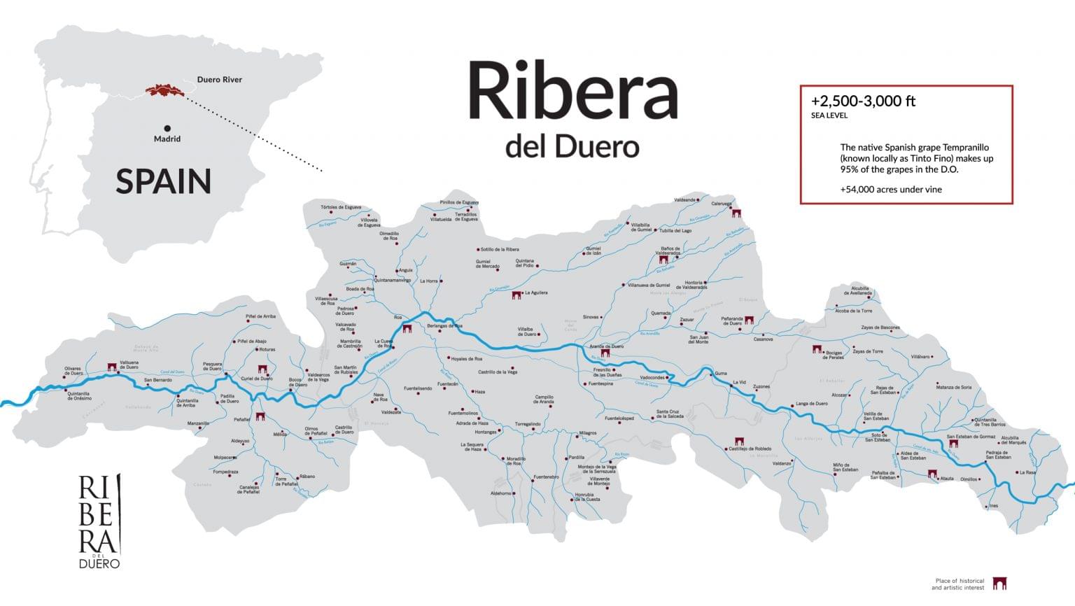 Map of Ribera del Duero wine region in Spain