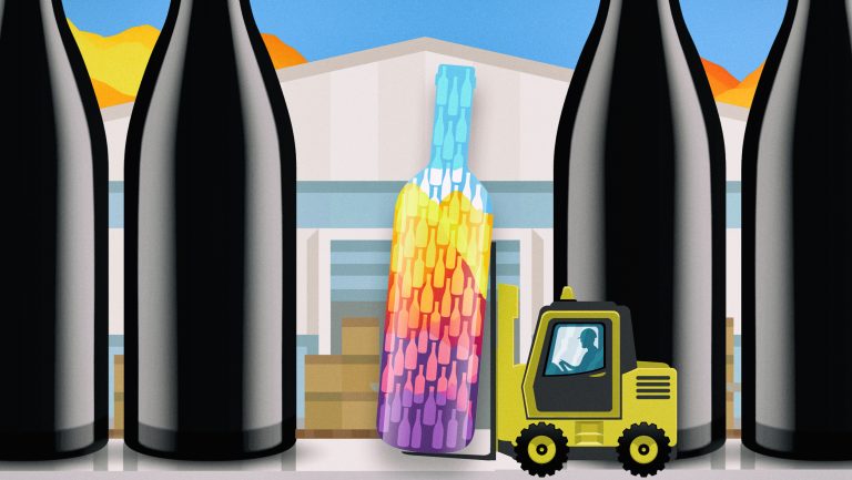an illustration of a colorful bottle next to unmarked bottles