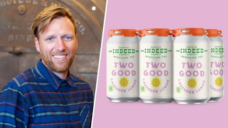 From left to right: Tom Whisenand, the CEO and cofounder of Indeed Brewing. Indeed Brewing Two Good Lavender Lemon Sparkling THC. Photo courtesy of Indeed Brewing.