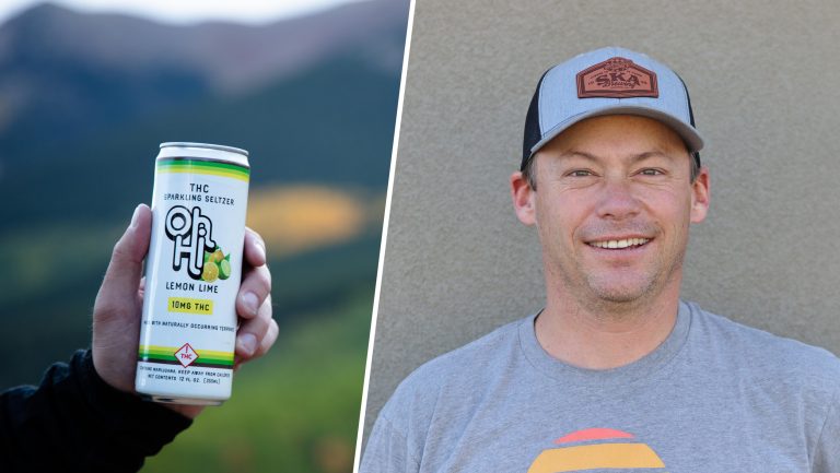From left to right: Oh Hi THC-Infused Seltzer. Matt Vincent, the cofounder of Oh Hi Beverages. Photo courtesy of Oh Hi Beverages.