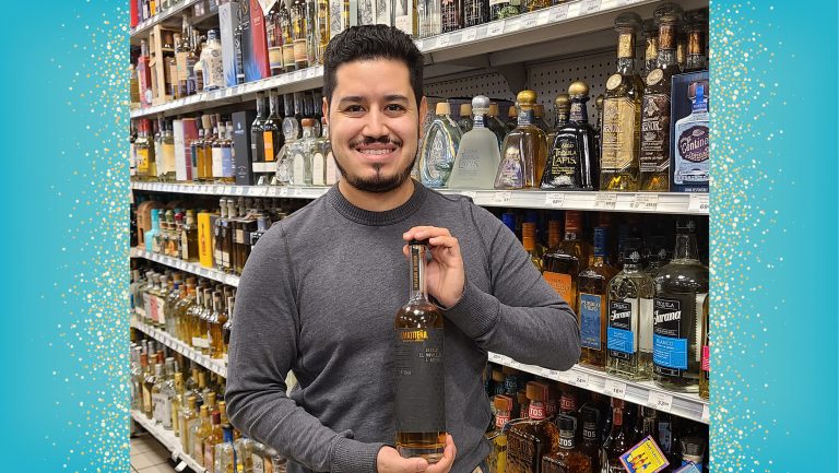 Mike Moreno, Jr., co-owner of Moreno's Liquors, with Amatiteña Tequila Añejo. Photo courtesy of Moreno's Liquors.