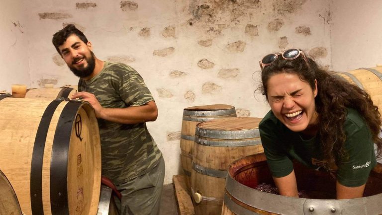Leto Paraskevopoulou (left), the winemaker at Gaia Wines is recruiting younger migrant laborers through its headquarter winery on Greece’s mainland. Photo courtesy of Gaia Wines.