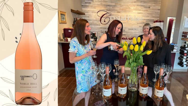A picture of the Noble Hill Mourvèdre Rosé alongside a photo of a group at Crystal Palate pouring the Rosé