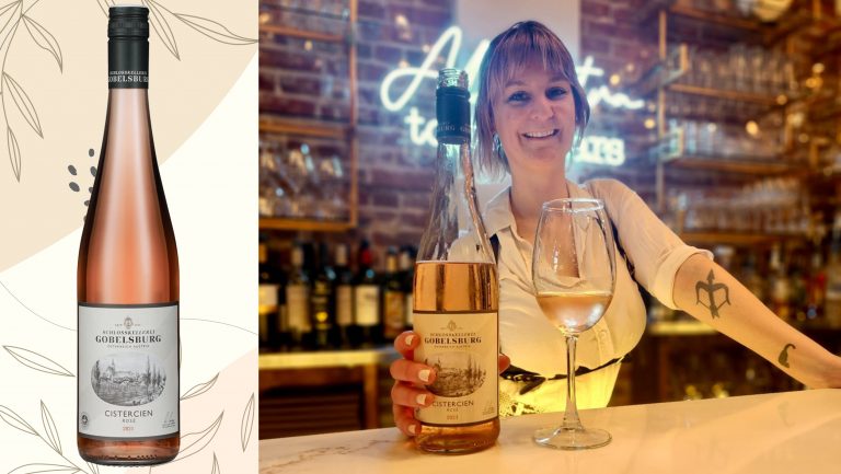 A bottle of Gobelsburg Cistercien Rosé alongside a photo of an Ad Astra bartender serving the wine