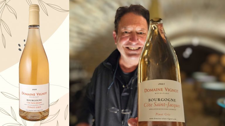 A bottle of Alain Vignot Bourgogne Côte Saint Jacques Pinot Gris alongside a photo of Dennis Sherman
