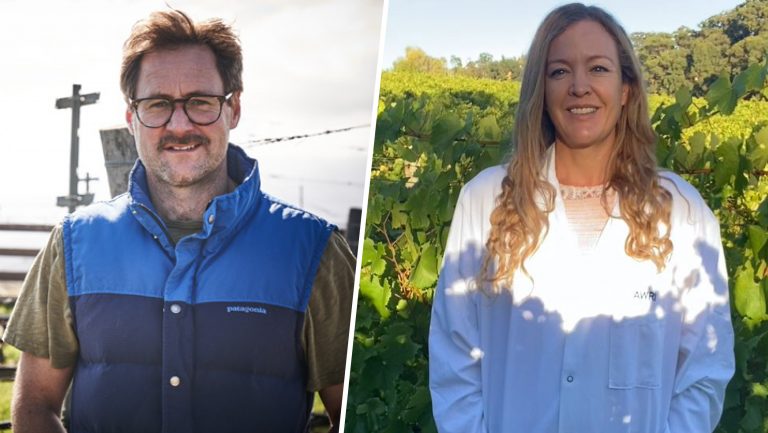Two headshots: Ernst Storm of Storm Wines on the left, and Dr. Marlize Bekker on the right
