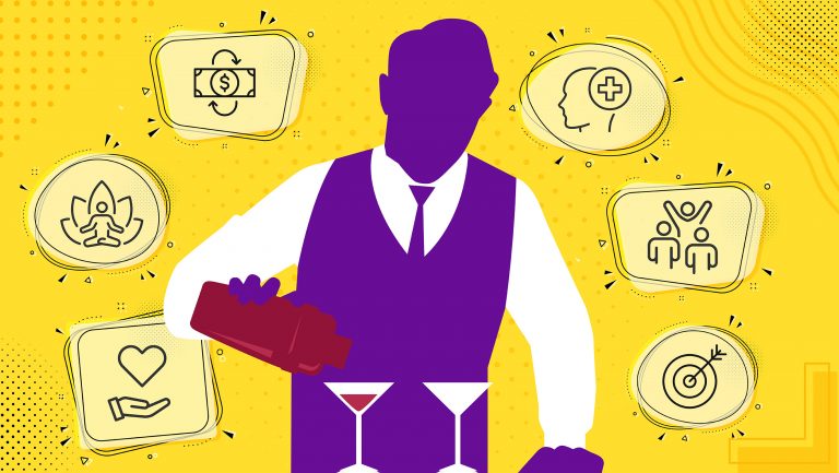 An illustration of a bartender pouring drinks with symbols of health and mindfulness surrounding them