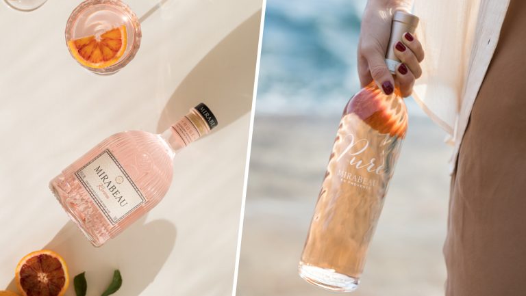 A photo of a bottle of Maison Mirabeau gin next to a photo of a bottle of Maison Mirabeau rosé