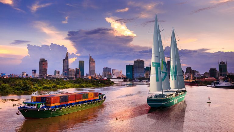A rendering of the 250-foot schooner soon to be launched by TransOceanic Wind Transport (TOWT), capable of carrying 1,000 tons of cargo at a 90 percent lower carbon footprint than diesel ships.