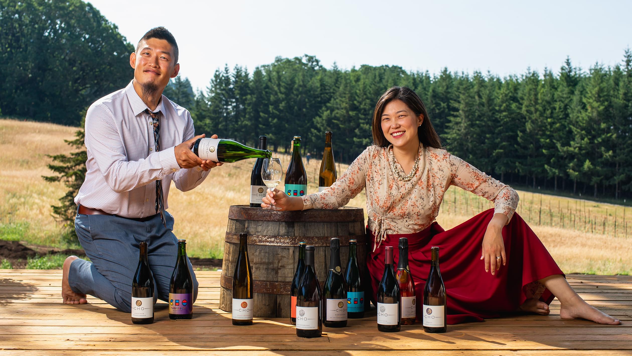 Dave and Lois Cho share a bottle of wine