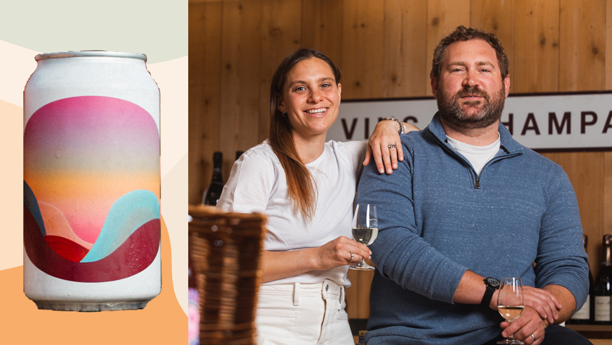 Left: Vinca Minor ‘Moonland’ Sparkling Carignan Rosé 2022. Right: Adam and Erika Dunn, owners, Dunn & Sons Wine, Yarmouth, Massachusetts.