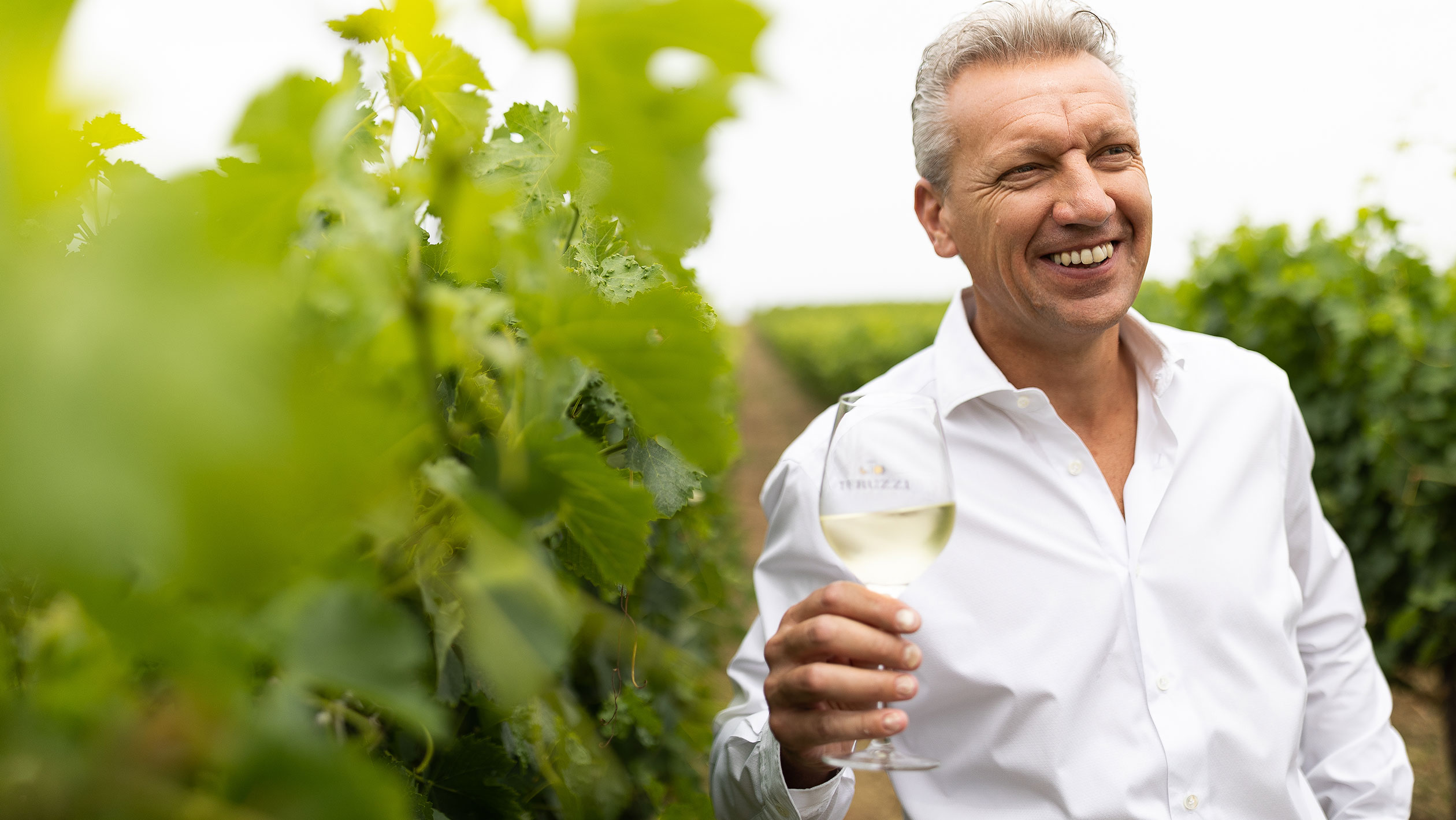 Alessio Gragnoli, general director of Teruzzi, poses in a vineyard with a glass of white wine