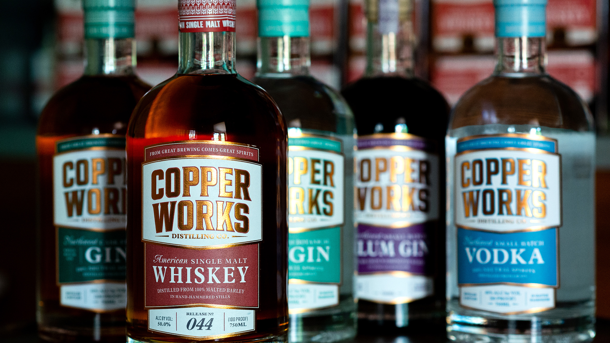 Bottles of Copperworks American Single Malt Whiskey