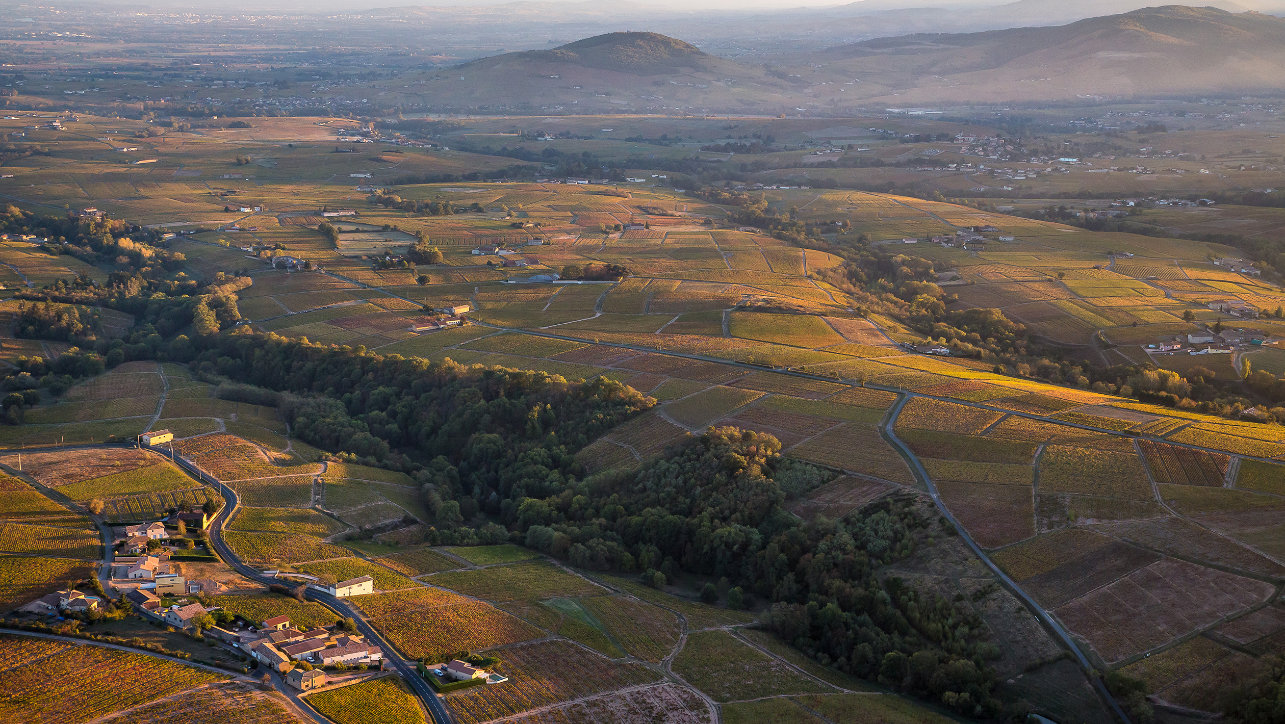 Wide aerial photo of the Beaujolais landscape