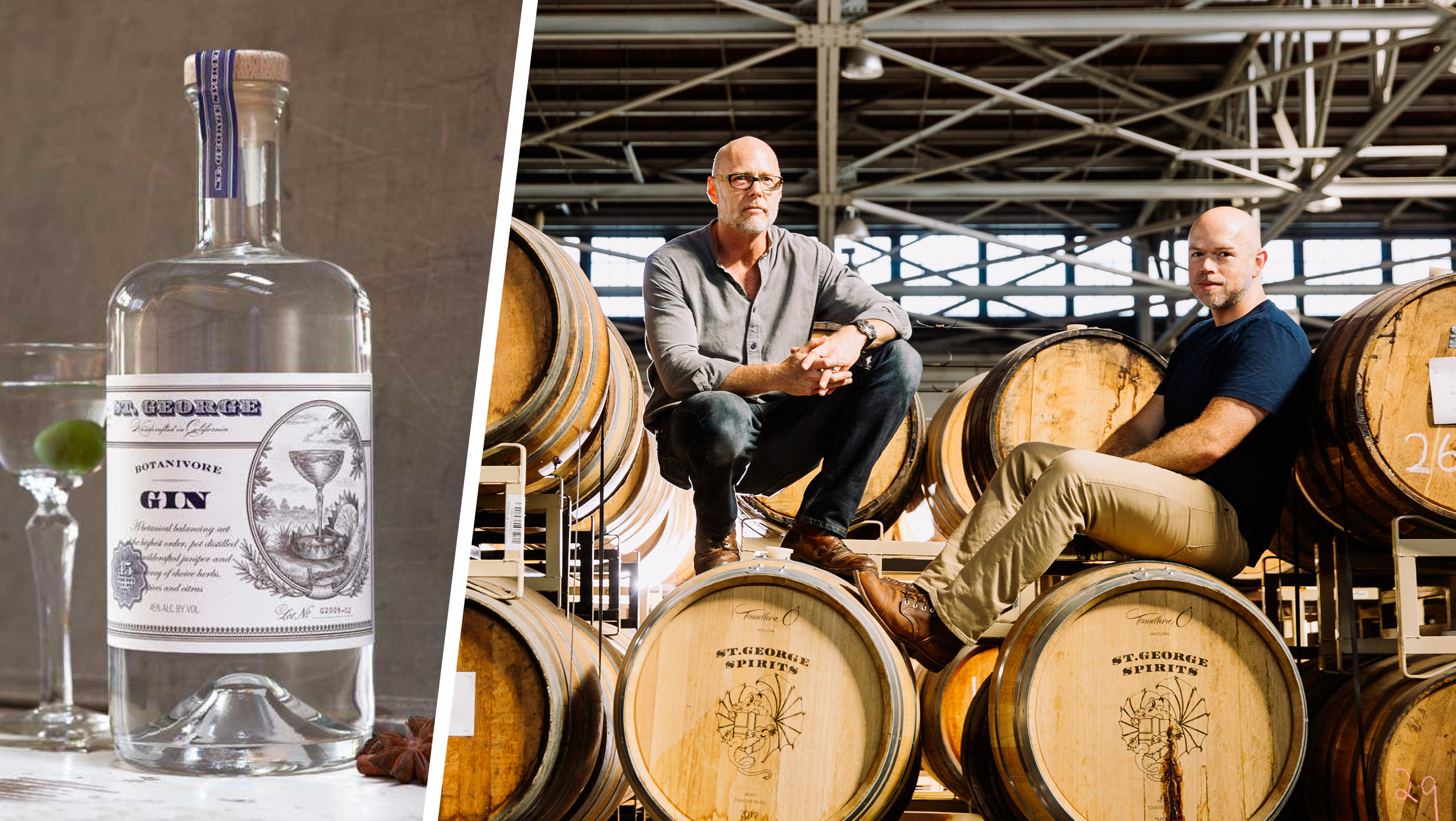 Left: a bottle of St. George Spirits gin; right: Lance Winters and Dave Smith pose on top of St. George Spirits barrels.