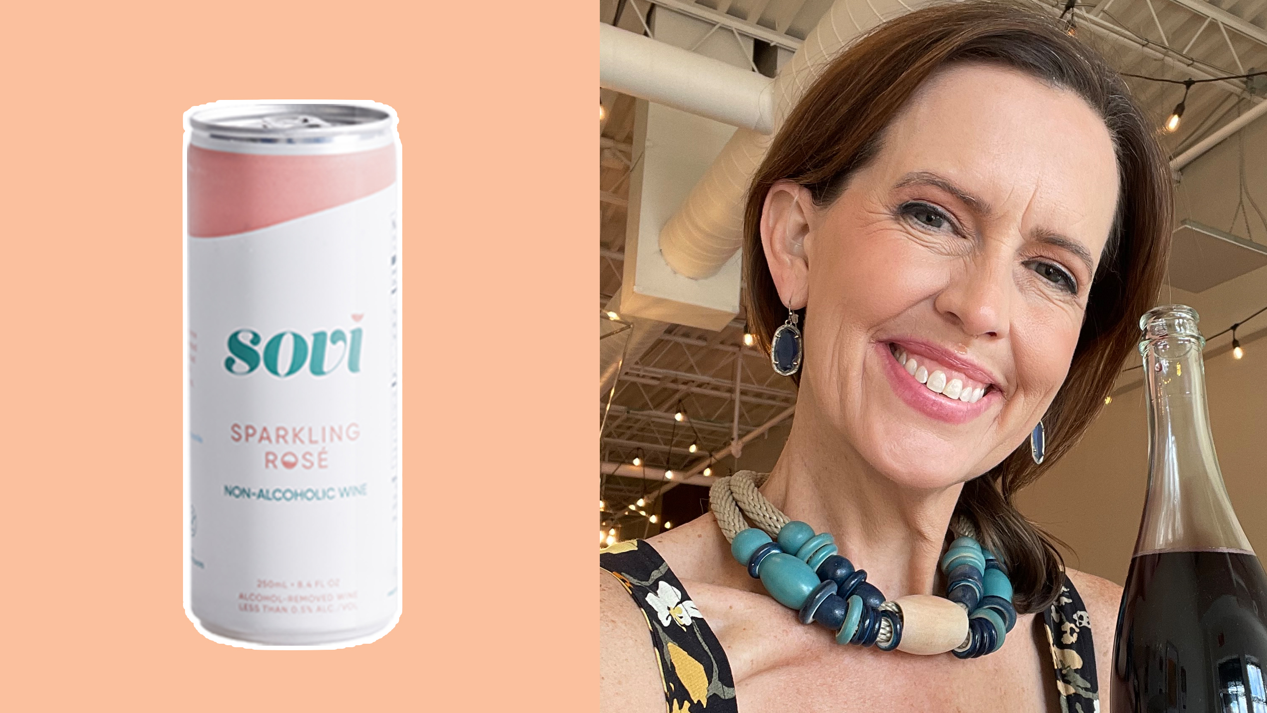 Sovi Sparkling Rosé, selected by Kristin Patrick, the co-owner of Loren’s Alcohol-Free Beverages. Photo (left) courtesy of Sovi; photo (right) courtesy of Kristin Patrick.