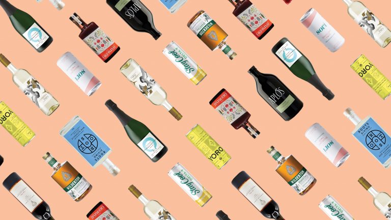 A tiled collage of non alcoholic beverage bottles