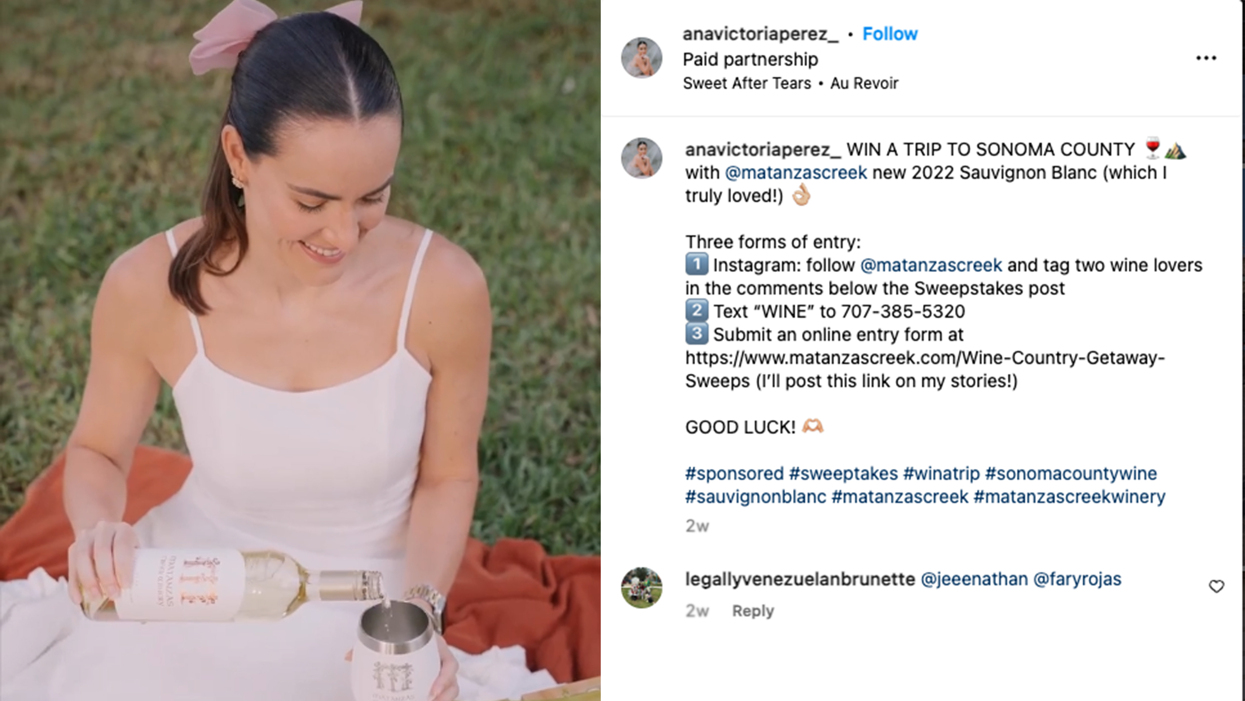 A screenshot of an Instagram post from Matanzas Creek's influencer campaign