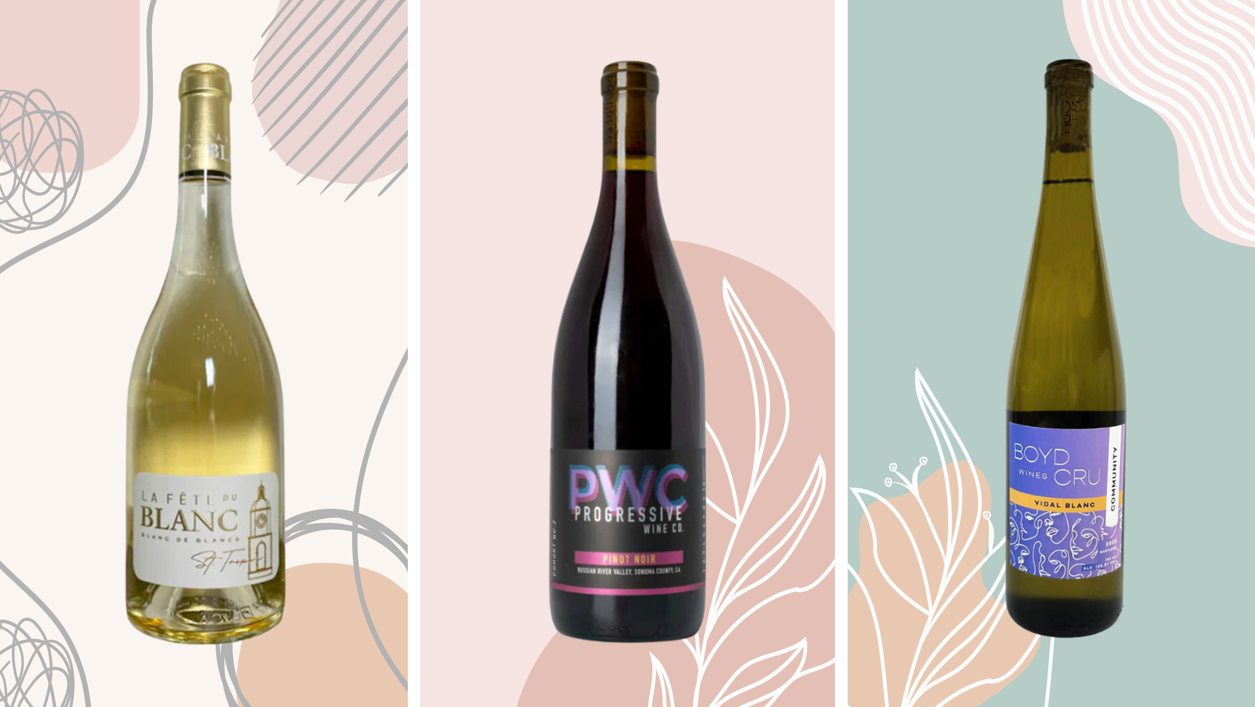 From left to right: La Fête du Blanc 2021, Progressive Wine Co. Pinot Noir 2022, and Boyd Cru Wines ‘Community’ Vidal Blanc 2022. Photos courtesy of Urban Grape.