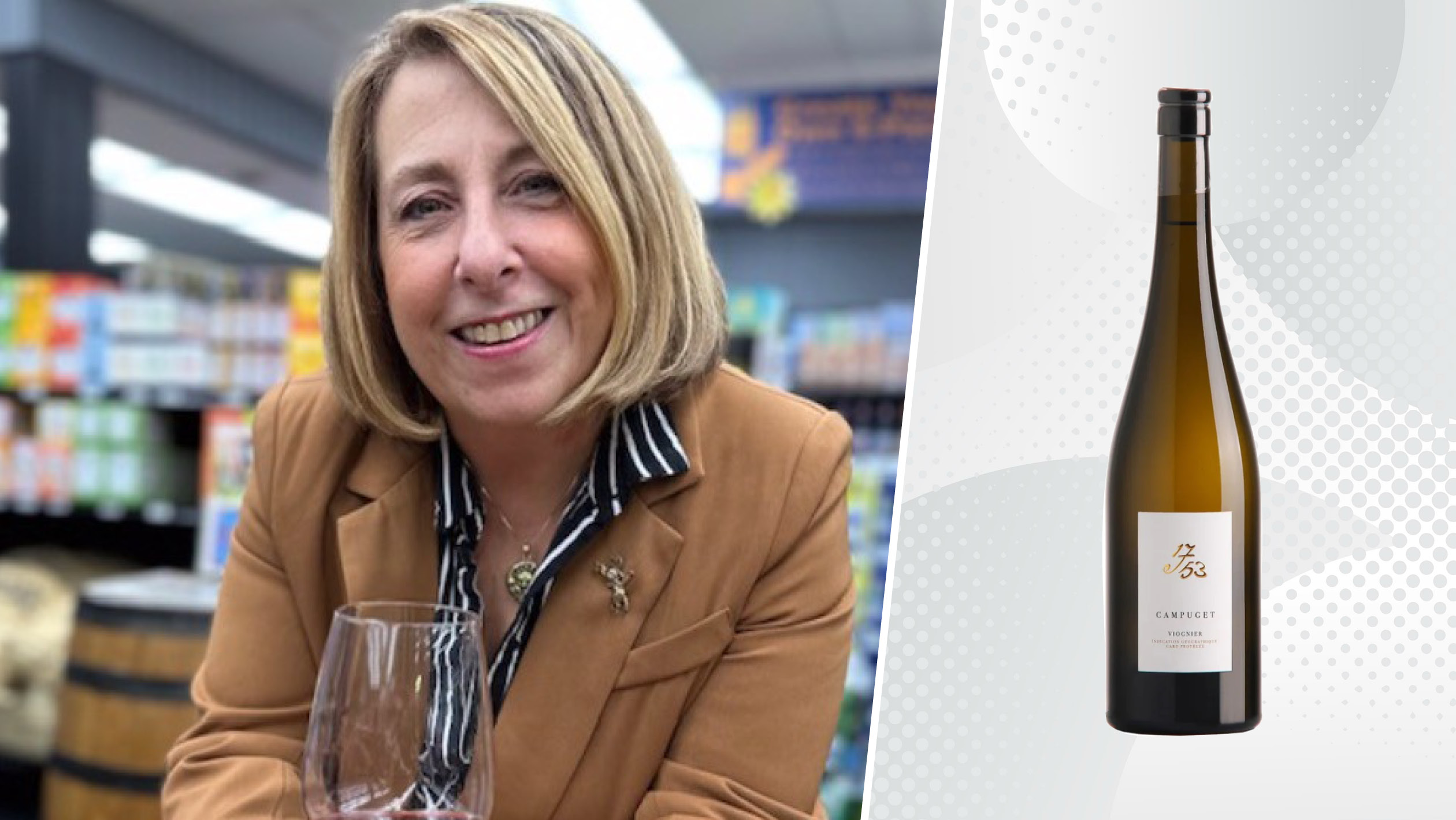 From left to right: Nancy Sabatini, the wine director of Mainstreet Wines and Spirits; Château de Campuget ‘1753’ Viognier. Photos courtesy of Nancy Sabatini.