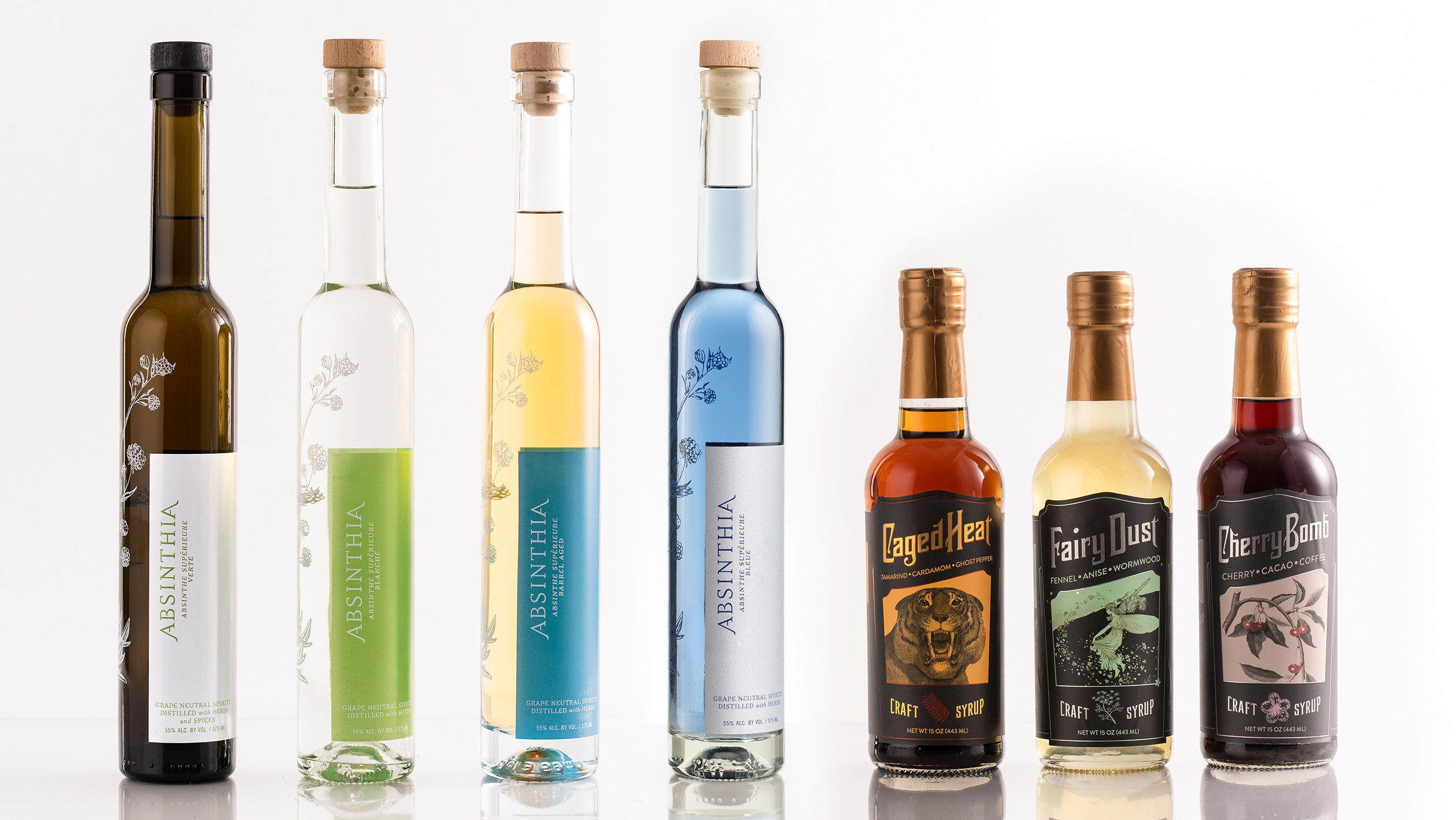 A lineup of Absinthia's spirits collection