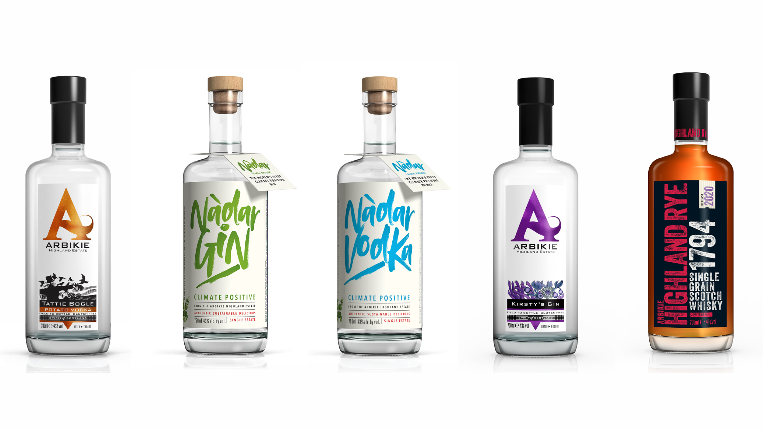 A lineup of Arbikie's spirits collection