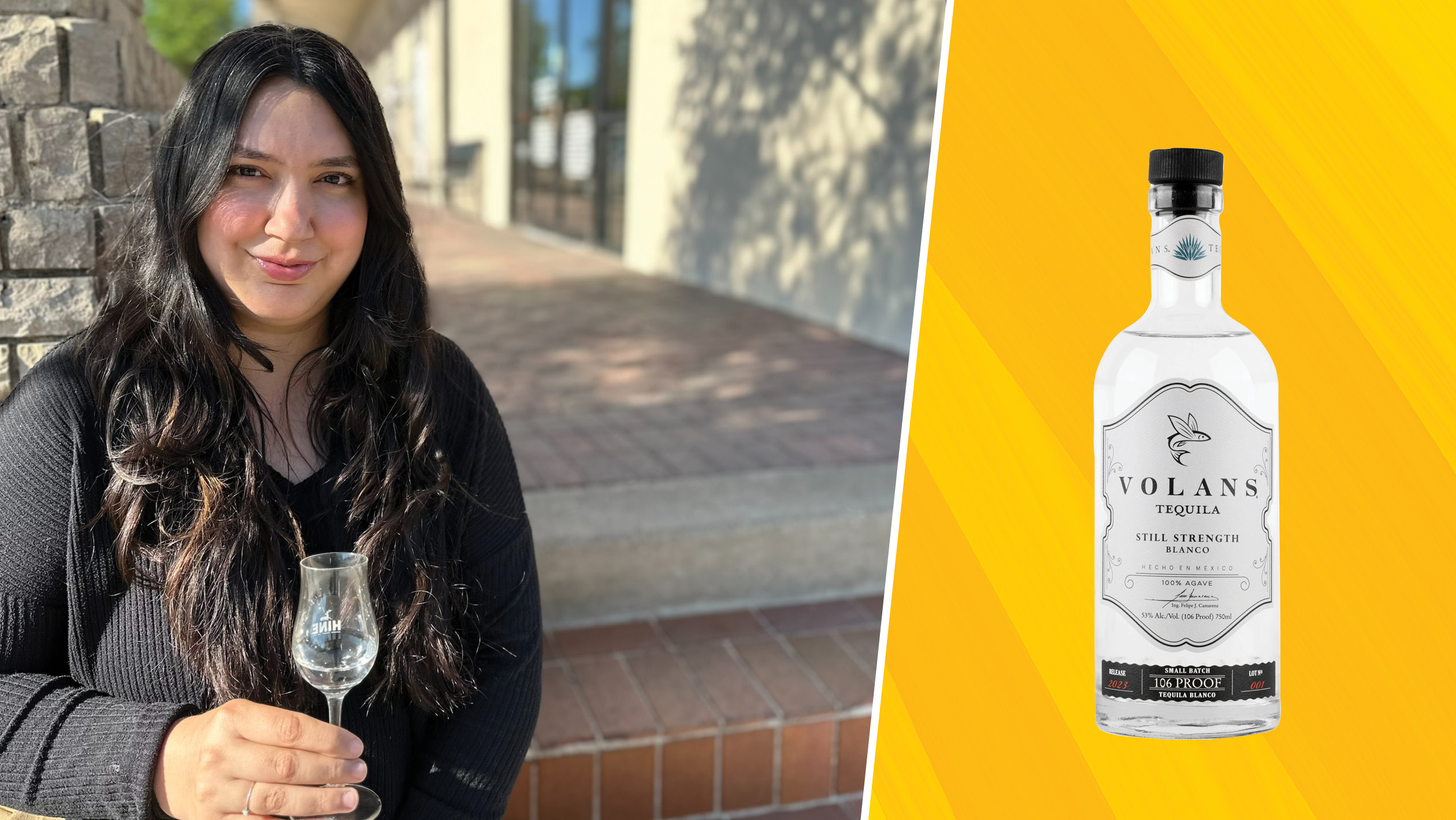 From left to right: Victoria Garcia, the spirits specialist of Pogo’s Wine & Spirits; Volans Still Strength Blanco. Photo credit: Victoria Garcia.