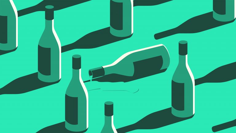 An illustration of alcoholic bottles, one in the center having fallen over and spilled its contents