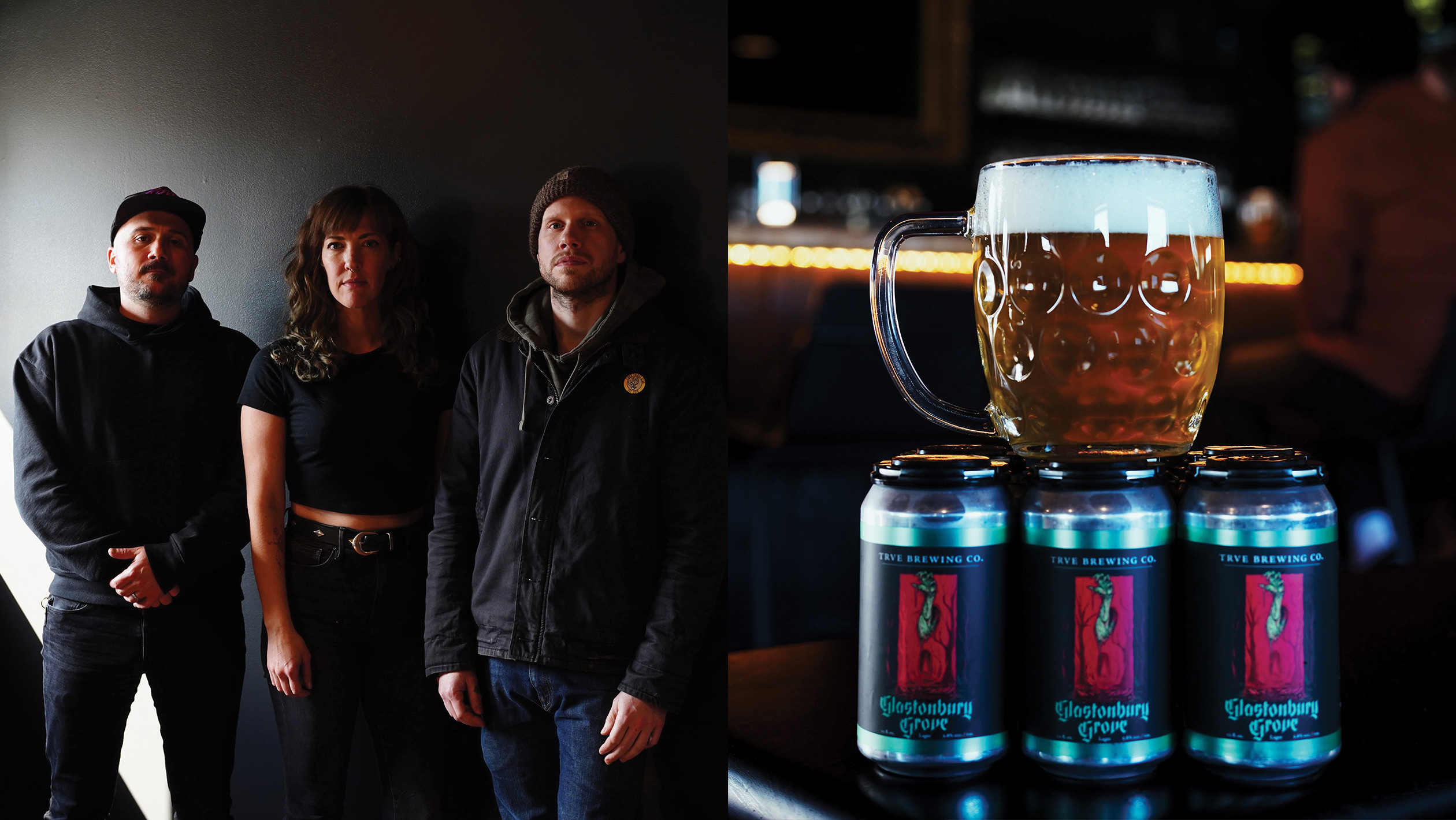 Nick Nunns, Erin Nunns, and Zach Coleman, owners of TRVE Brewing, pictured alongside a closeup of their beer.