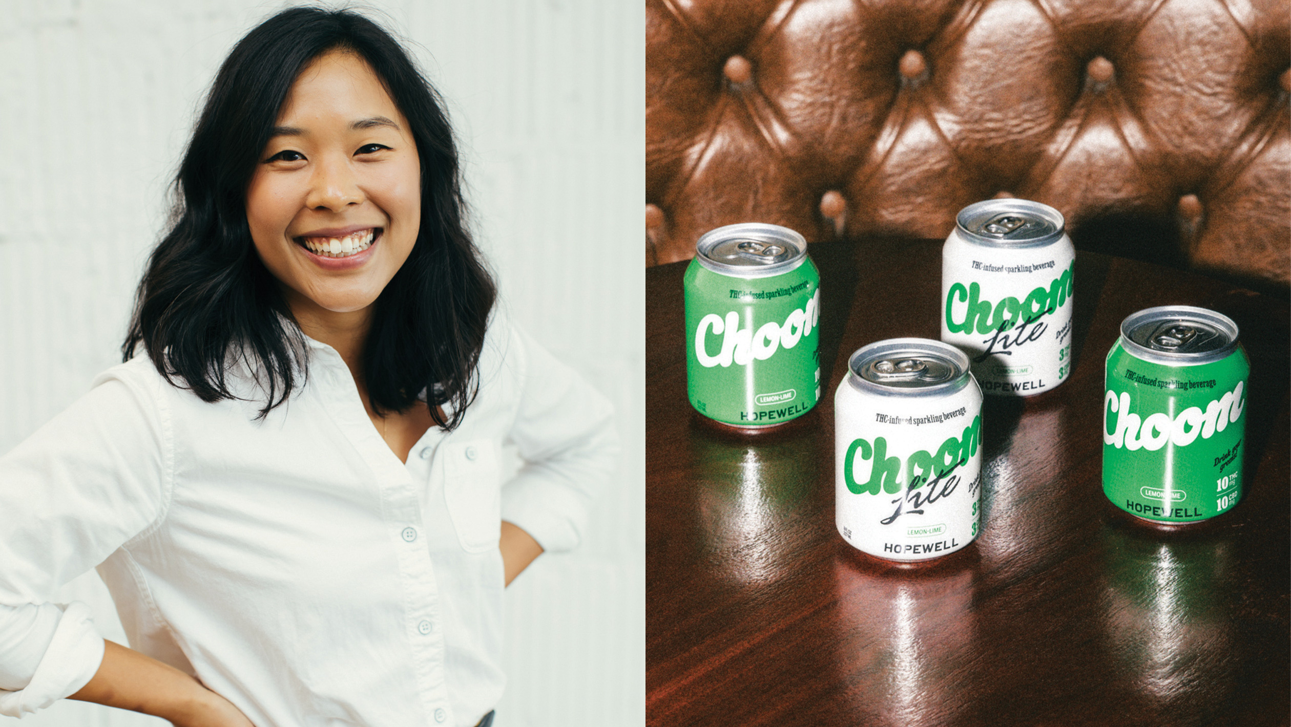 A headshot of Samantha Lee juxtaposed next to a picture of 4 cans of Choom