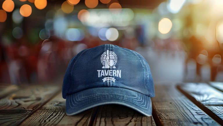A sample baseball cap for a mockup design for a bar logo sits on a wood surface
