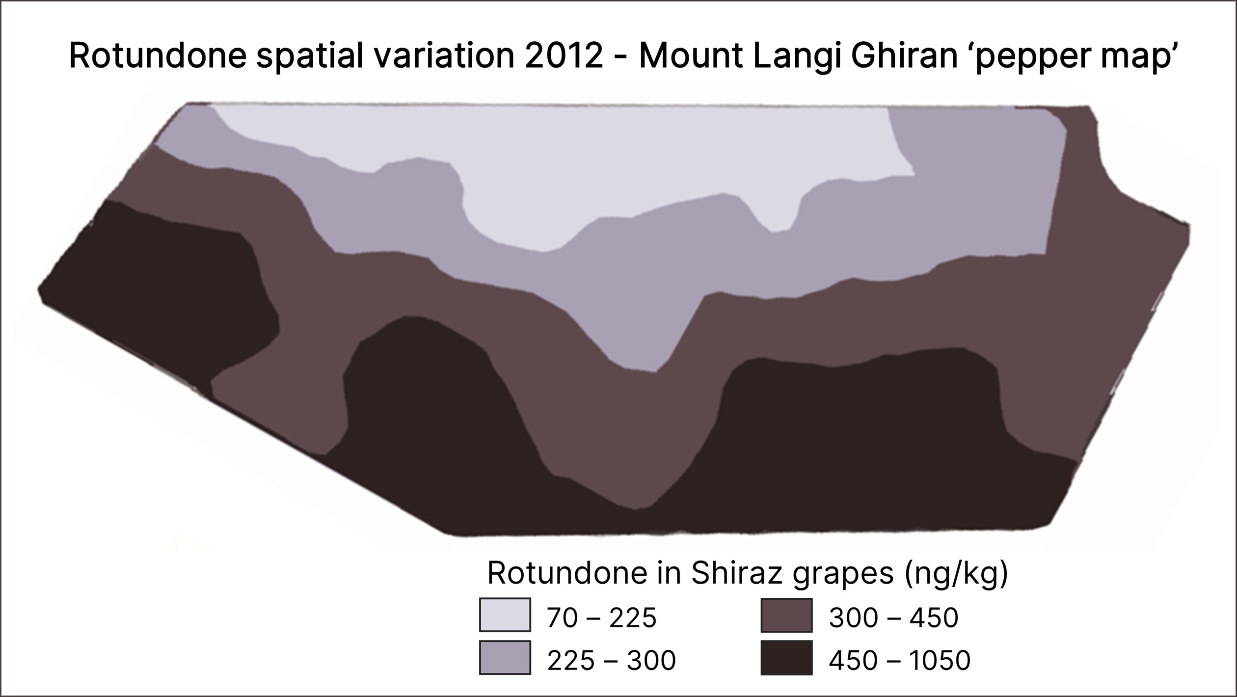 A gradient-like map illustrating different amounts of rotundone Mount Langi Ghiran's Shiraz grapes in relation to their location