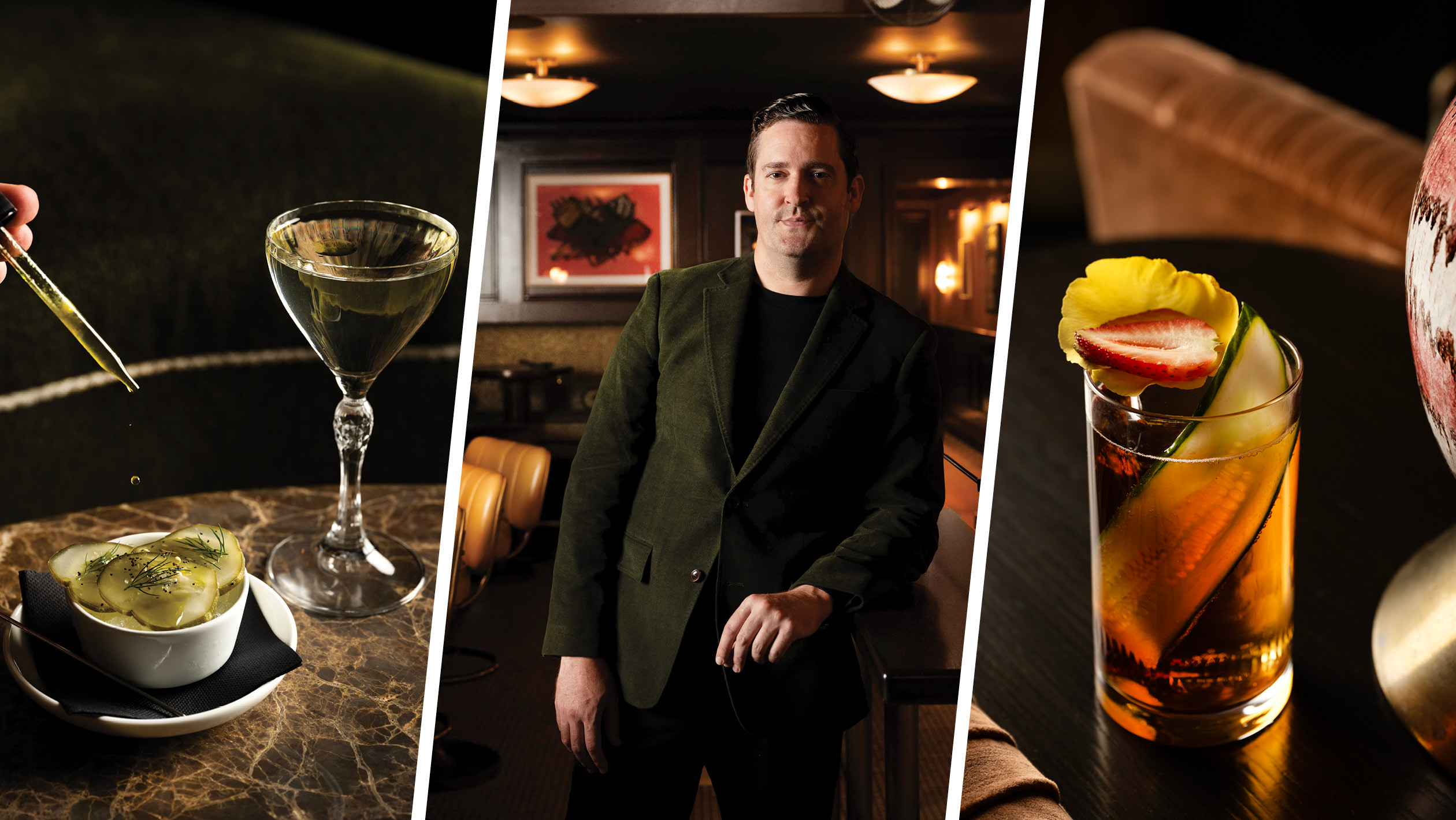 From left to right: The Dill Pickle; Chris Moore, the head of bars at The Ned NoMad; the Pimm's Rosé. 