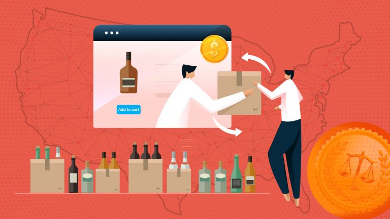 An illustration of a retail website handing off alcohol to a customer using an ecommerce marketplace website