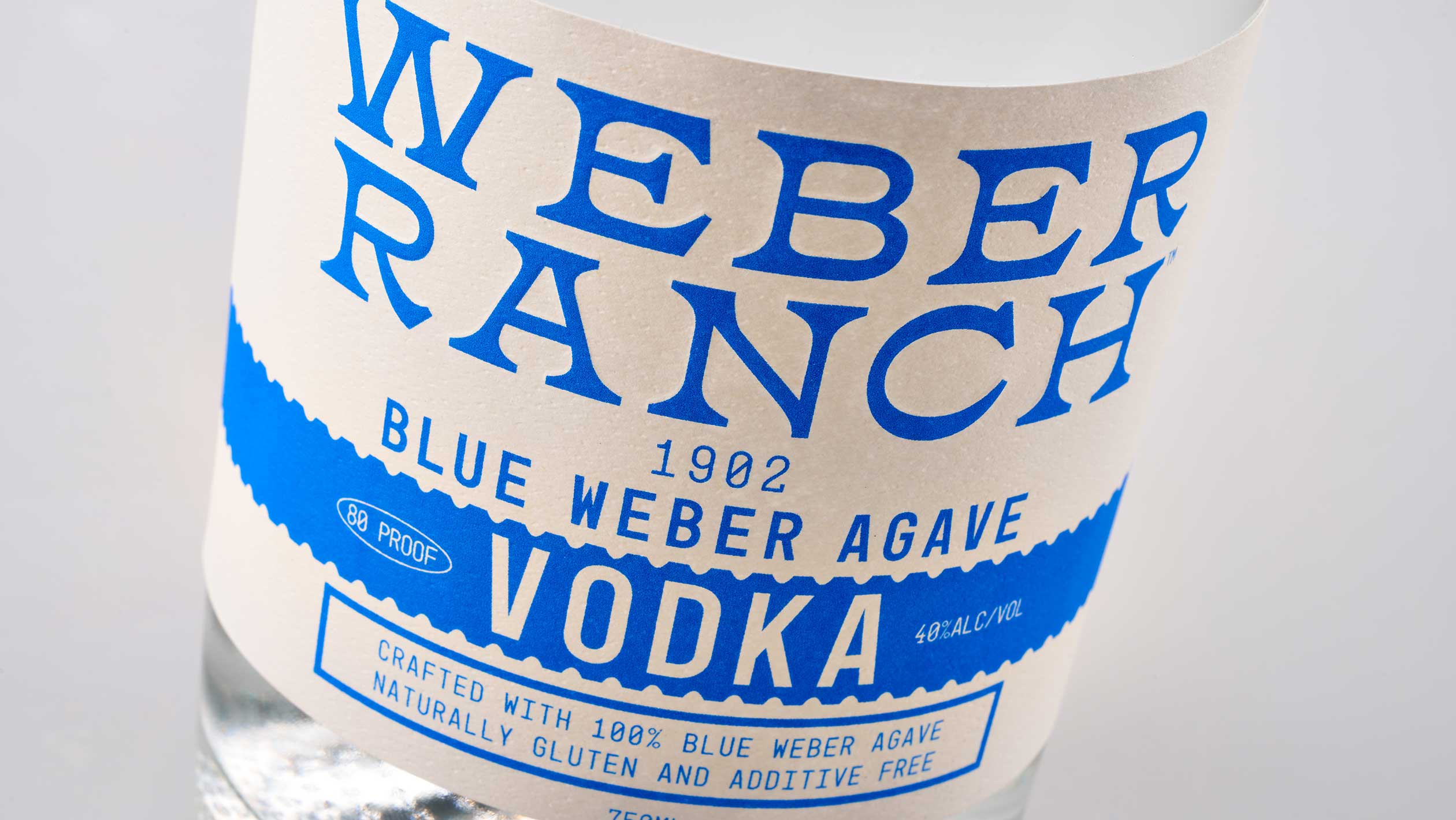 A close up of a bottle of Weber Ranch vodka