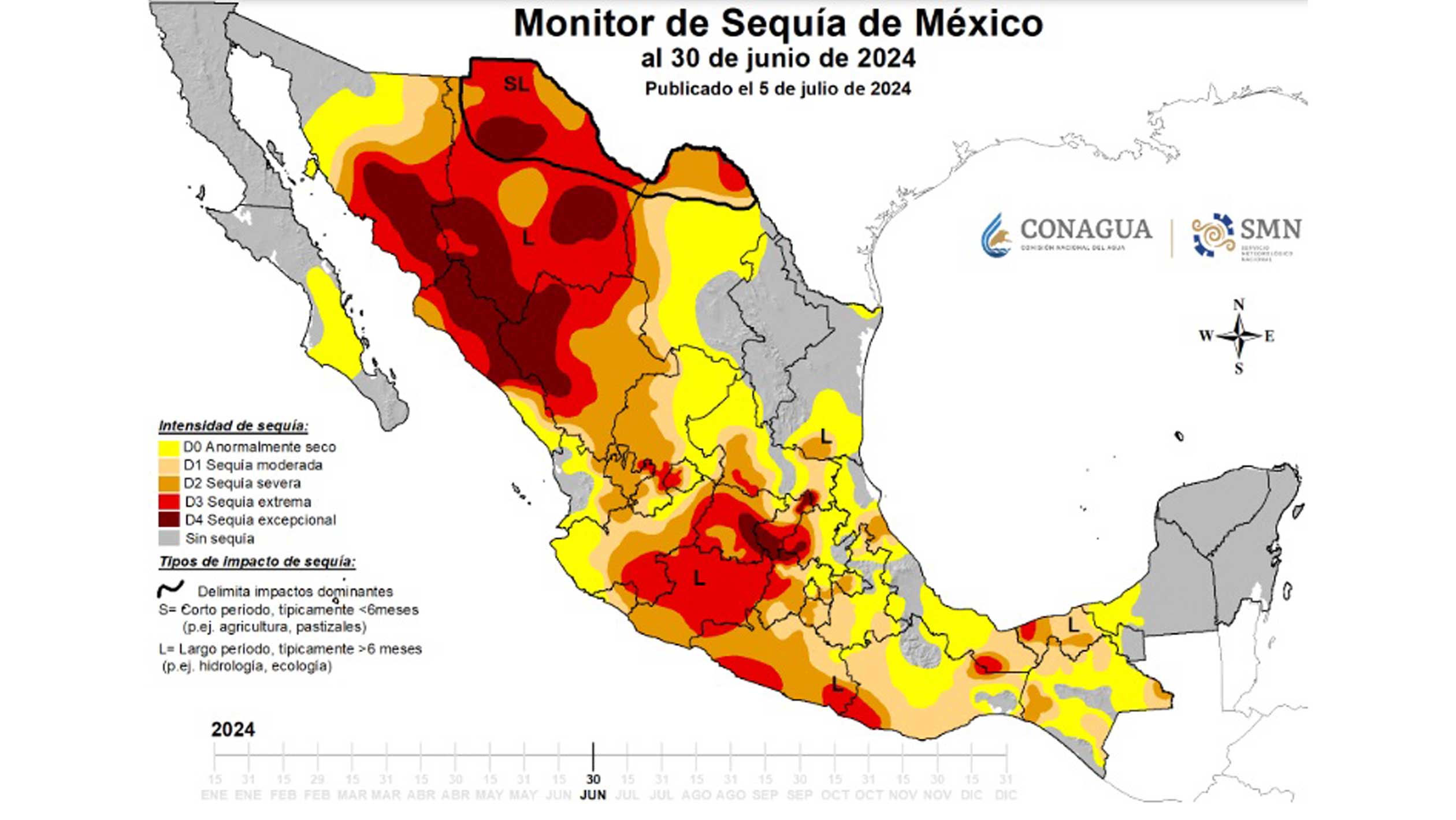 A heat map of Mexico representing levels of drought throughout the country. There are numerous and large areas of intensity specifically in the north western regions.