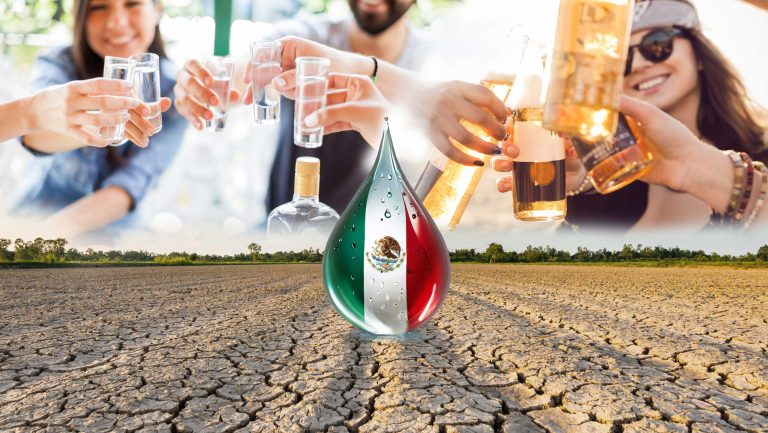 An illustration of a dry field, with a superimposed picture of people enjoying beer above it. A large droplet with the Mexican flag on it is in the center of the image.