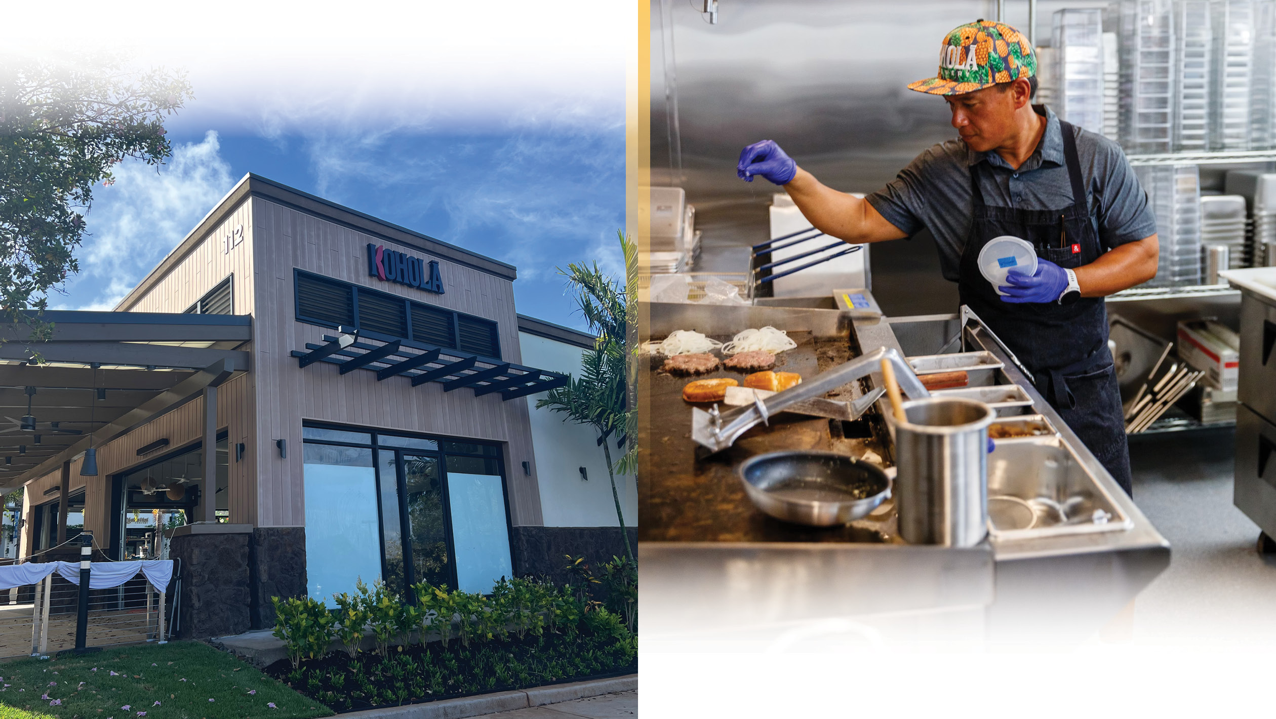 An exterior photograph of Koholā Brewery next to a photo of Isaac Bancaco working in the kitchen at Pacific'o.