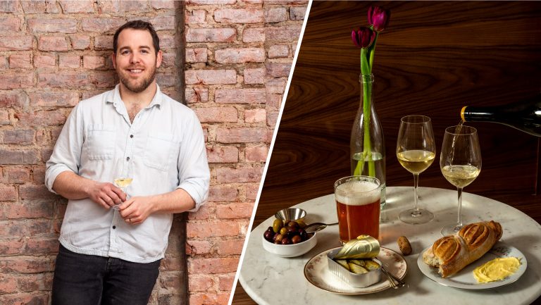 A headshot of Conor McKee positioned next to a table laid with food and wine