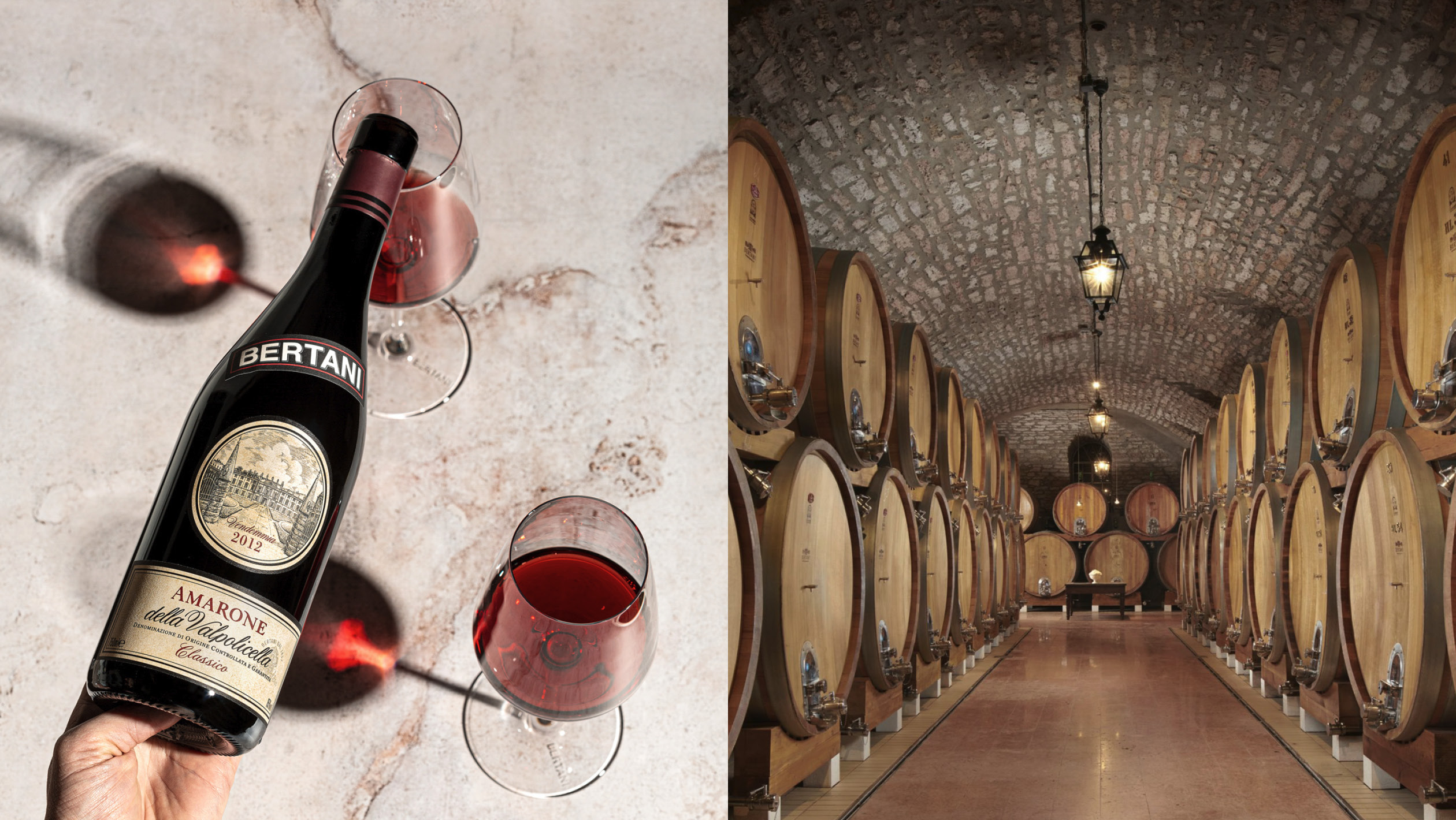 An image of a bottle and some glasses of Bertani Amarone next to an image of Bertani's cellar