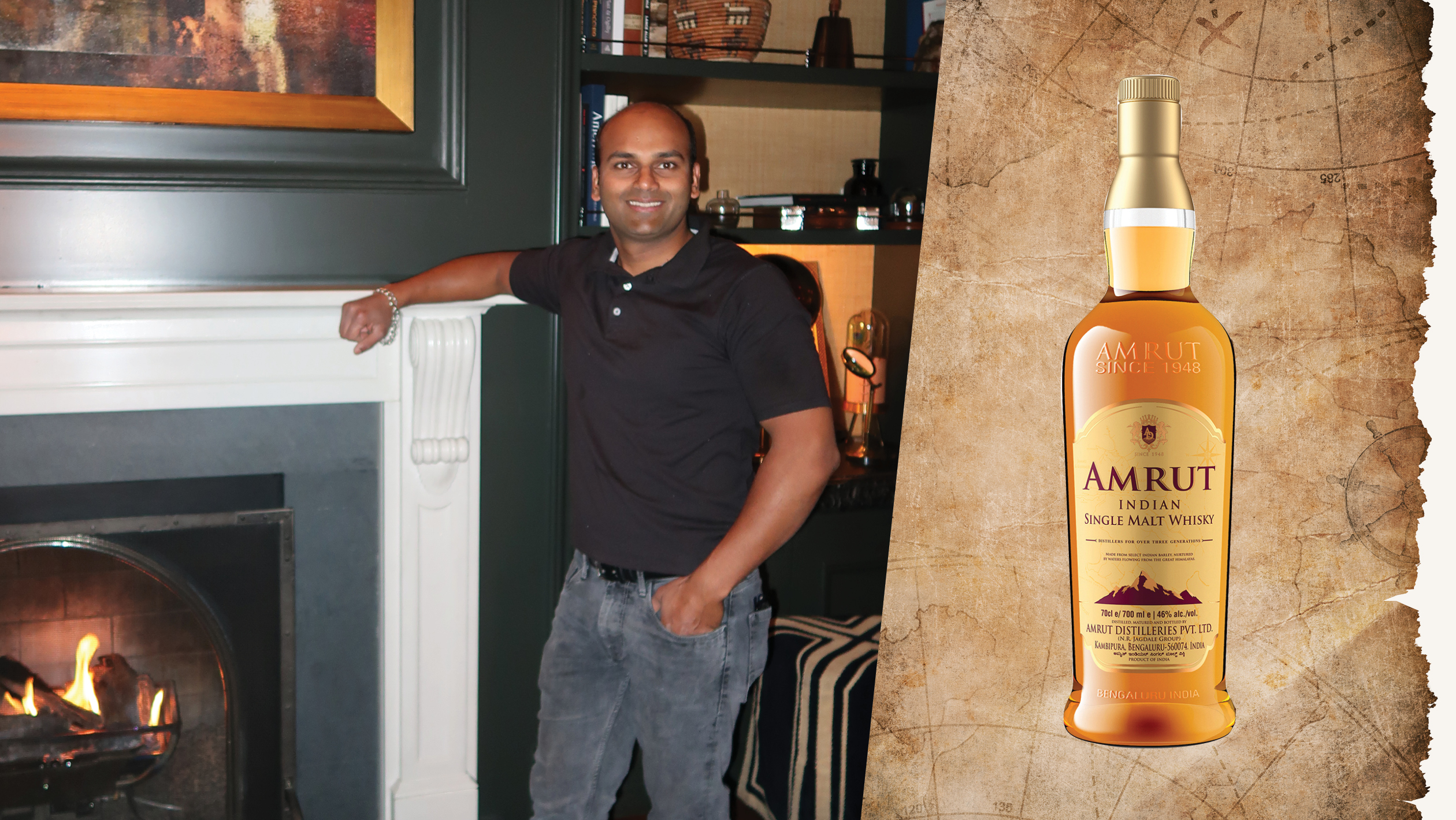 From left to right: Akshay Wagh, the bartenderof J-Bar at Hotel Jerome (photo courtesy of Hotel Jerome); Amrut Indian Single Malt Whiskey (photo courtesy of Amrut).