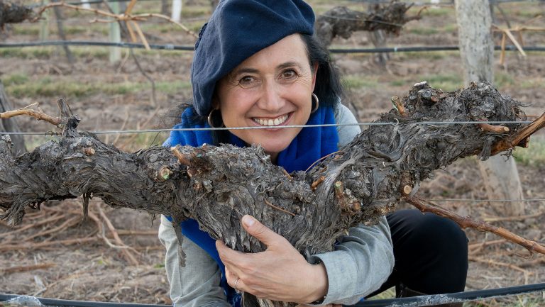 A headshot fo Dr. Laura Catena hugging a grape vine