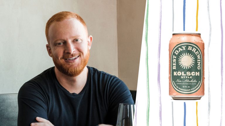 Left to right: Sam Bogue, the beverage director of Flour + Water Hospitality Group (credit: Krescent Carasso); Best Day Non-Alcoholic Kölsch (photo courtesy of Best Day Brewing). 