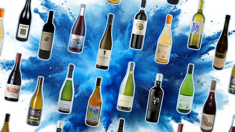 A collage of wine bottles against a decorative blue explosive background