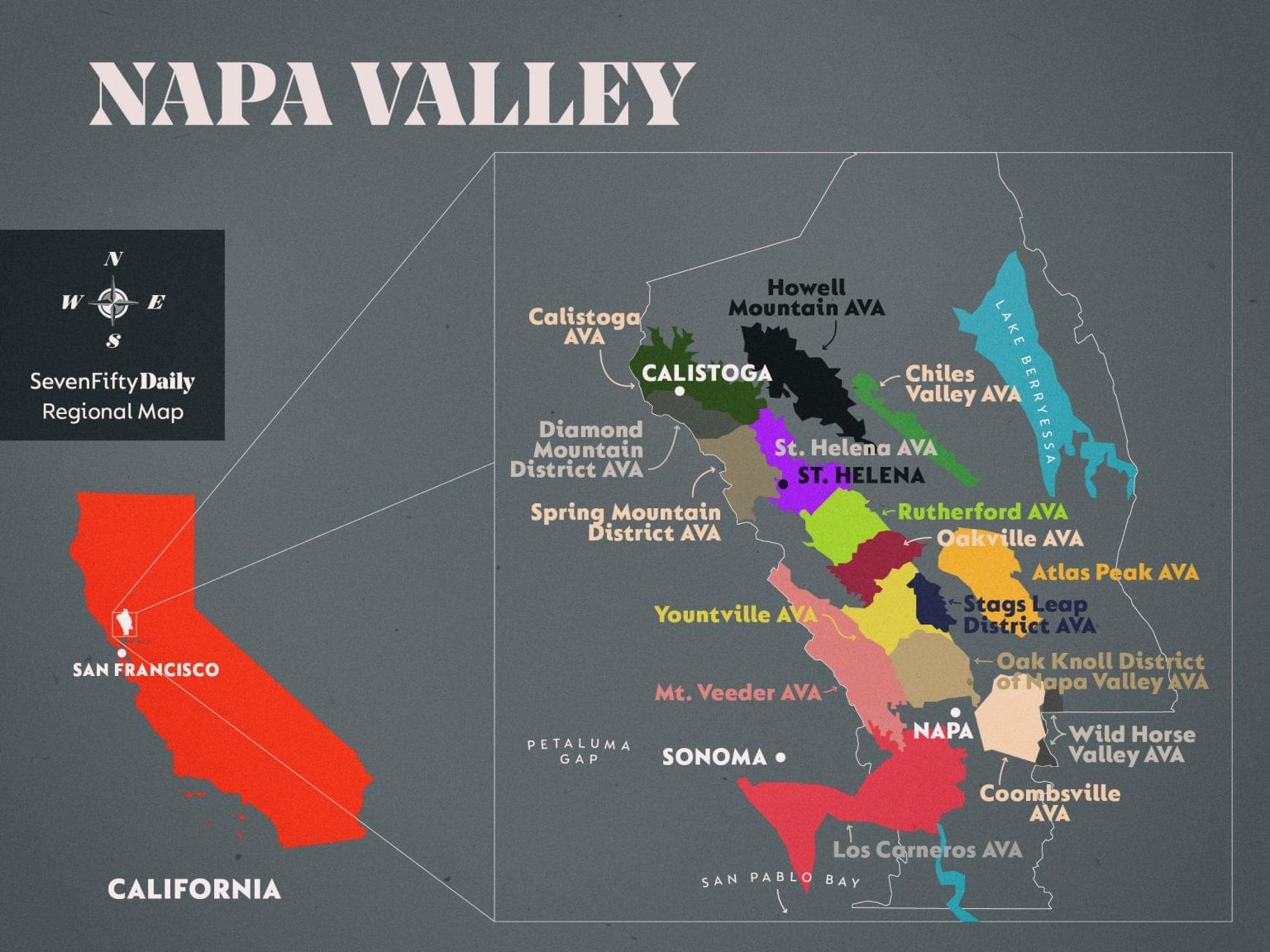 Map of Napa Valley, California with highlighted wine regions