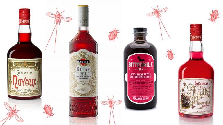 collage of alcohol brands that use bug-based coloring