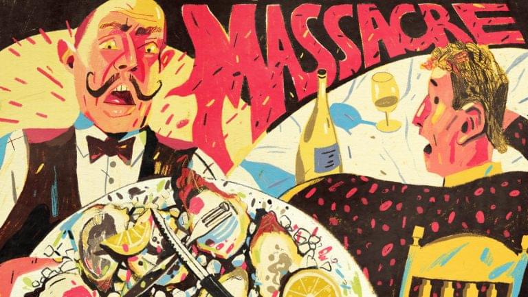 a cartoon of a waiter exclaiming massacre