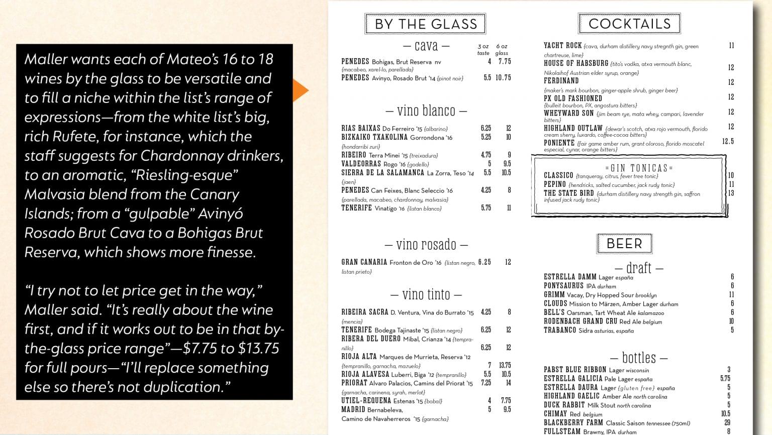 Mateo wine list